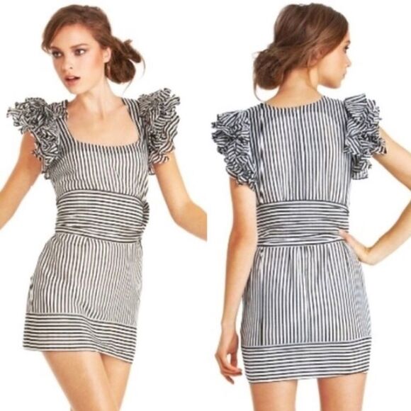 French Connection Candy Stripe Fril Sleeve Dress in Black - Picture 2 of 9